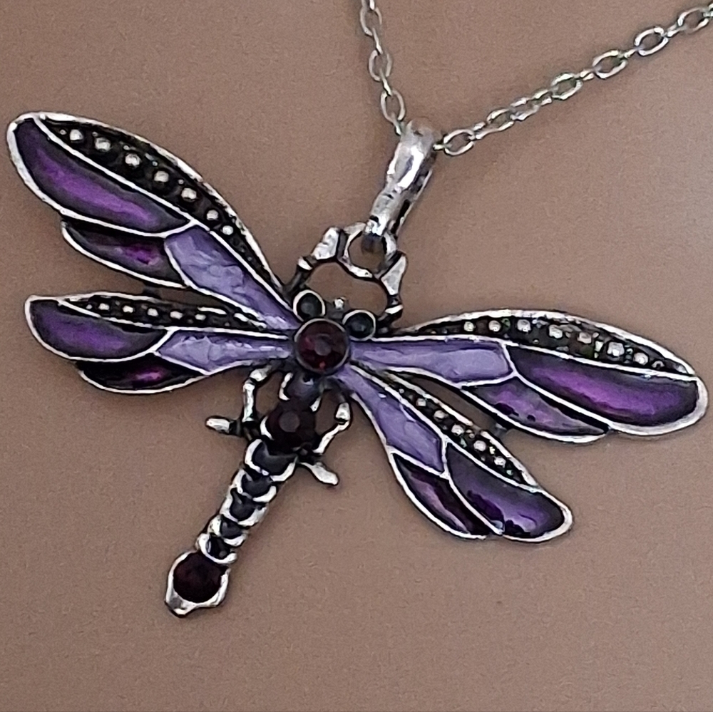 Silvertone and Purple Dragonfly Pendant Necklace - Picture 2 of 10
